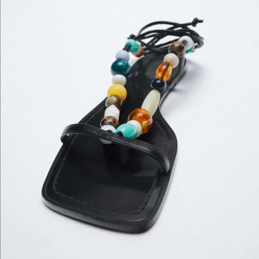 Black Zara Bead Embellished Strap-Ankle Low Heel Squared-Toe Sandals (NWT) - Picture 3 of 7
